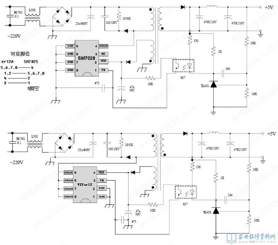 Viper12A的5、6、7、8脚相匹配SM7025的4脚