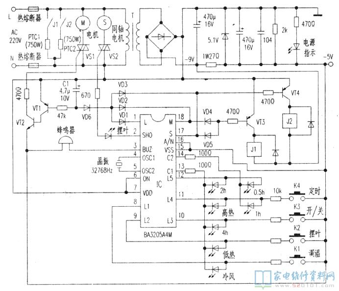 排风电机M和摆叶电机s各自以双向可控硅VS