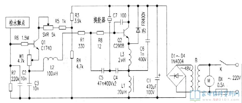 220V工作电压经变电器B降至48V